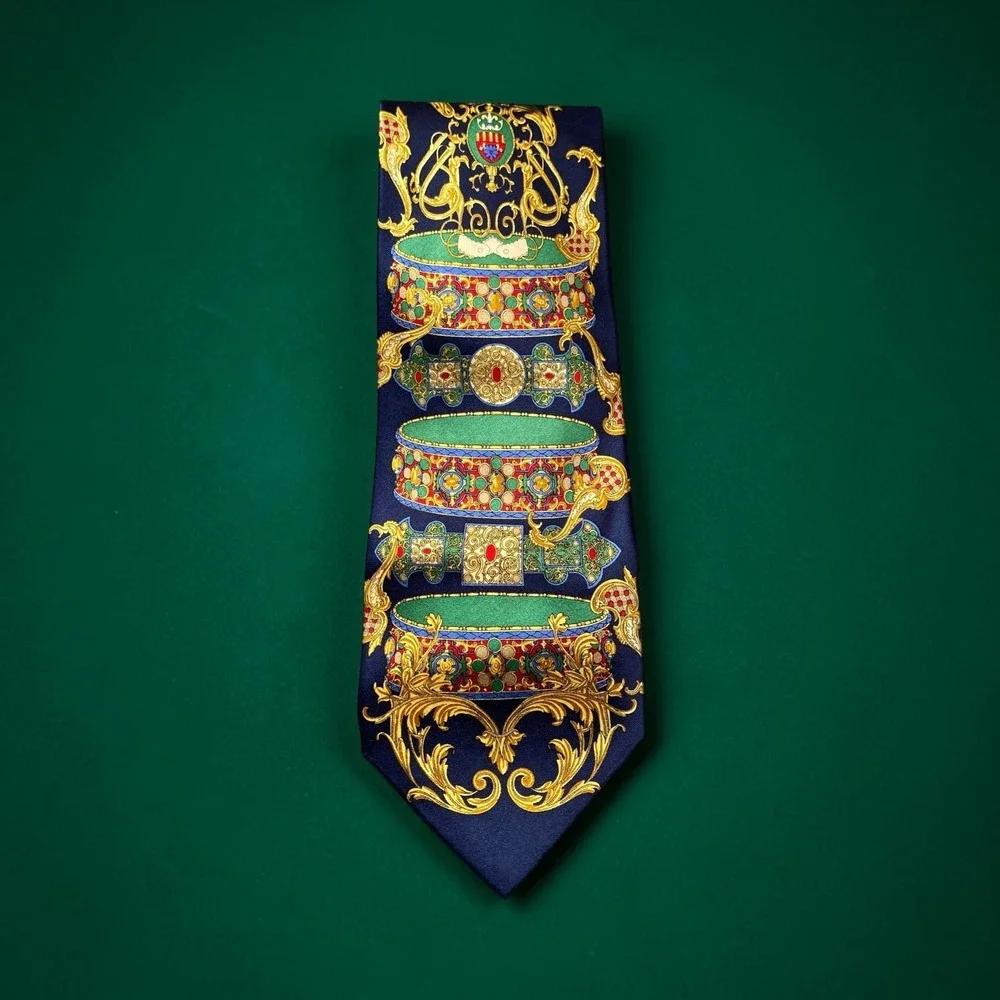 Baroque Ornate Silk Necktie Navy Gold Statement Tie Italian Style Luxury